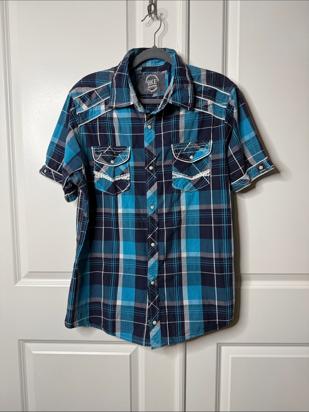 BKE Blue Teal Plaid Short Sleeve Button-Up Shirt XL Y2K